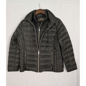 Michael Kors Packable Down Fill Puffer Jacket Women XL Black Zip Front MK Logo
